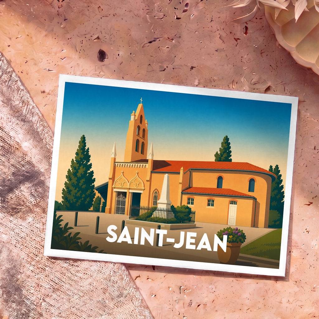 Carte postale souvenir de la ville de Saint-Jean illustrant une église de style provençal.