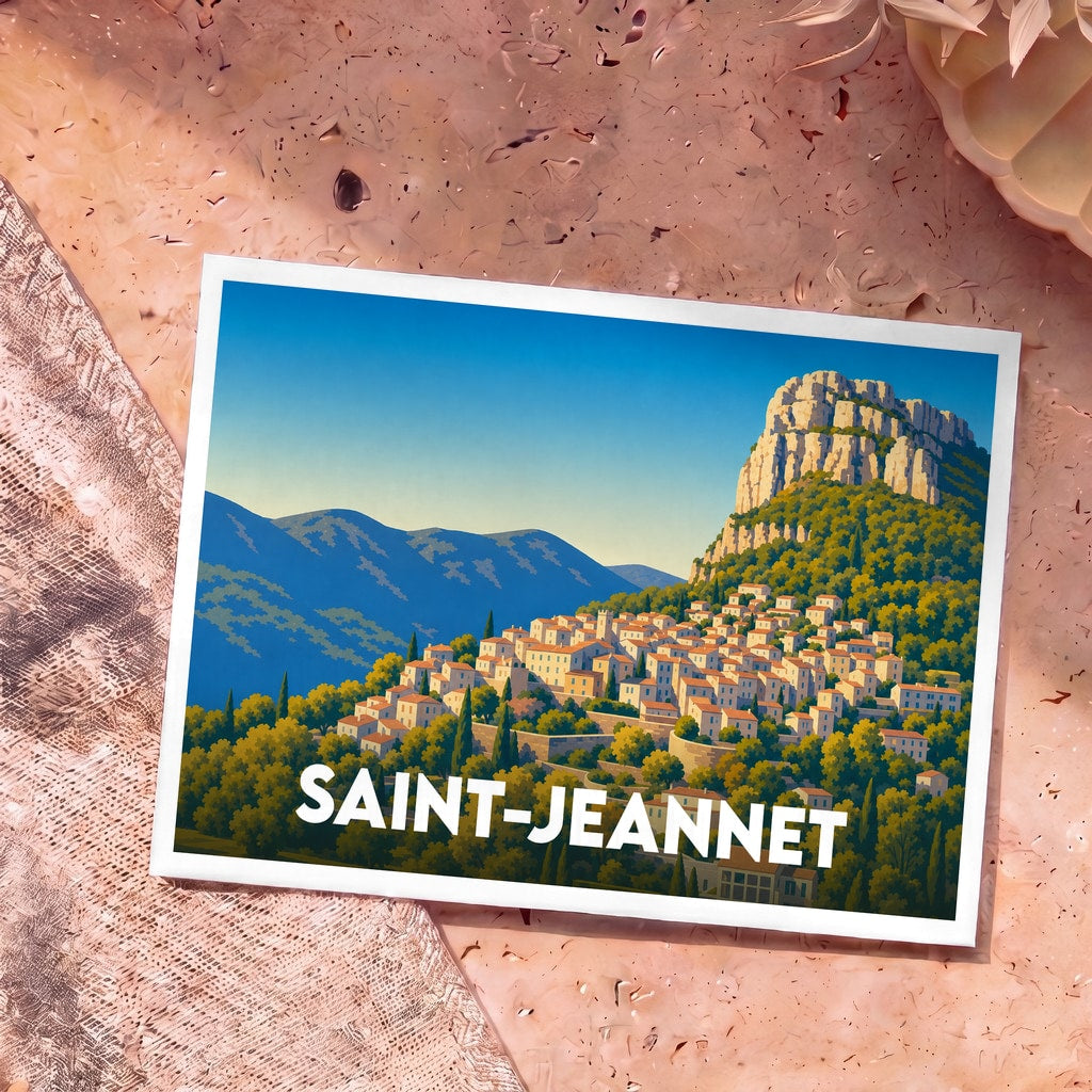 Carte postale souvenir de la ville de Saint-Jeannet avec une illustration stylisée de son célèbre Baou dominant le village.