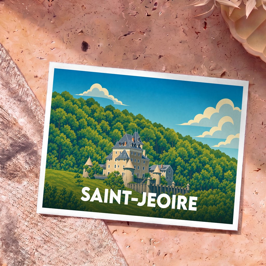 Carte postale souvenir de Saint-Jeoire illustrée par un château niché dans une forêt verdoyante.