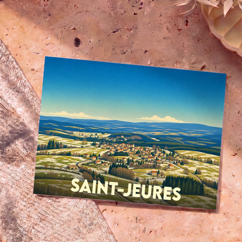 Carte postale souvenir de la ville de Saint-Jeures avec une illustration stylisée d'un paysage vallonné en hiver.