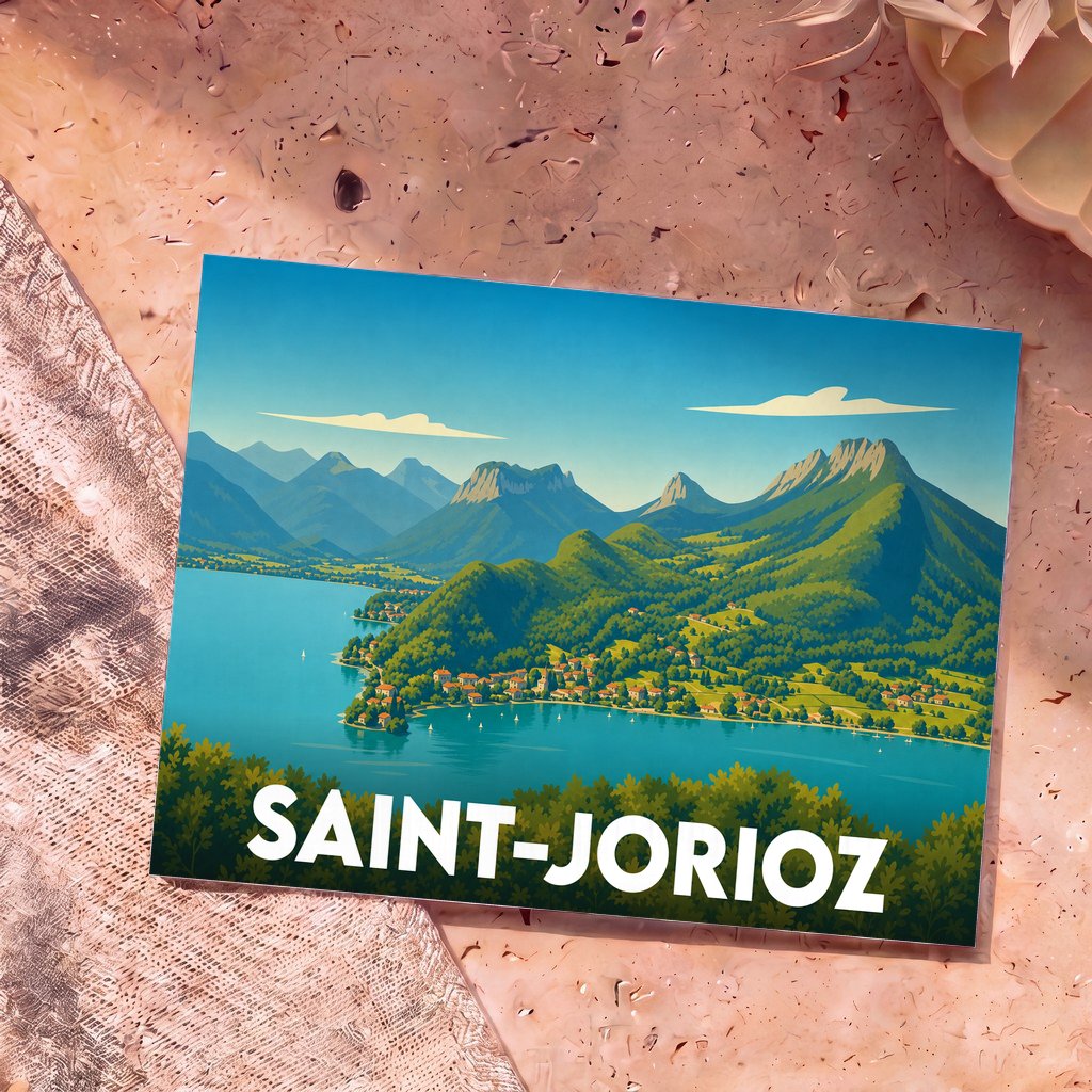 Carte postale souvenir de la ville de Saint-Jorioz avec une illustration stylisée d'un lac et de montagnes.