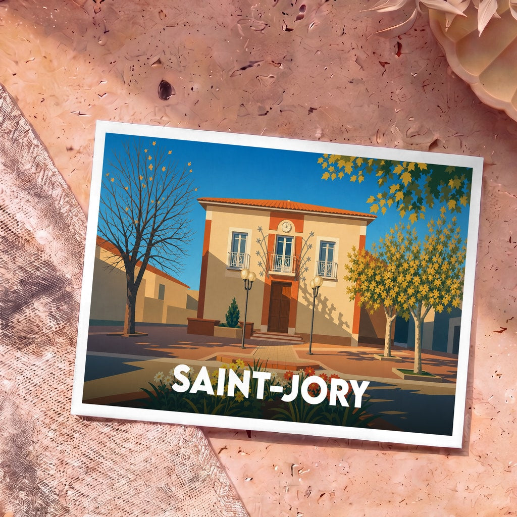 Carte postale souvenir de la ville de Saint-Jory avec une illustration stylisée de sa mairie.