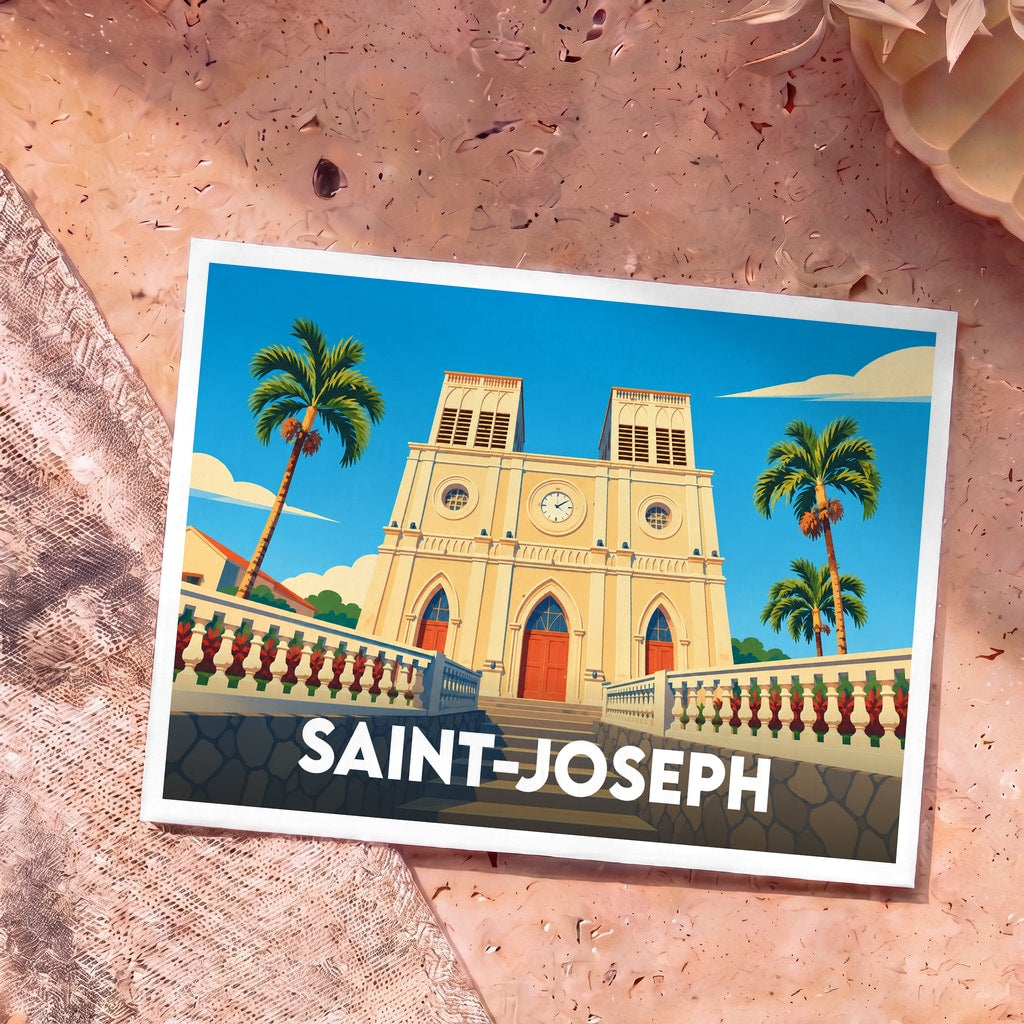 Carte postale souvenir de la ville de Saint-Joseph avec une illustration stylisée de son église et de palmiers.