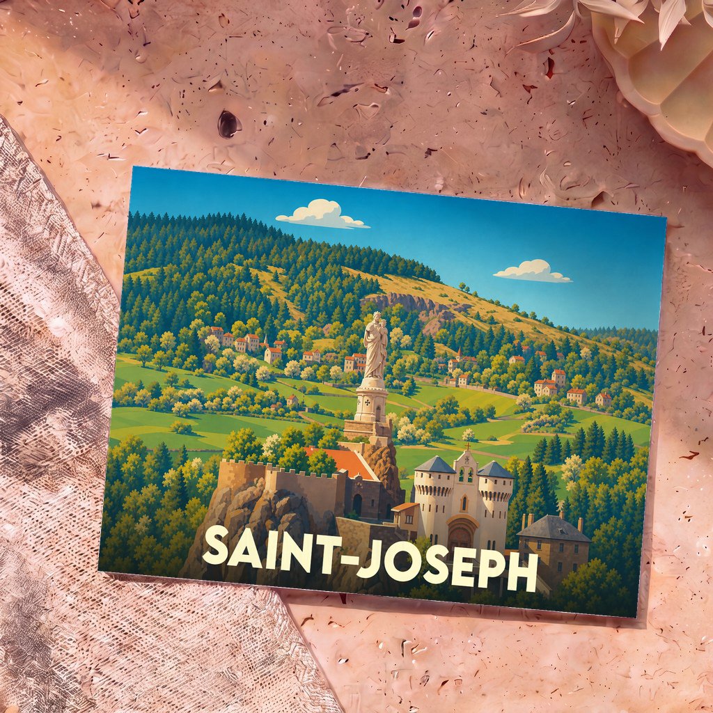 Carte postale souvenir de Saint-Joseph arborant une illustration stylisée de la statue monumentale et du paysage environnant.