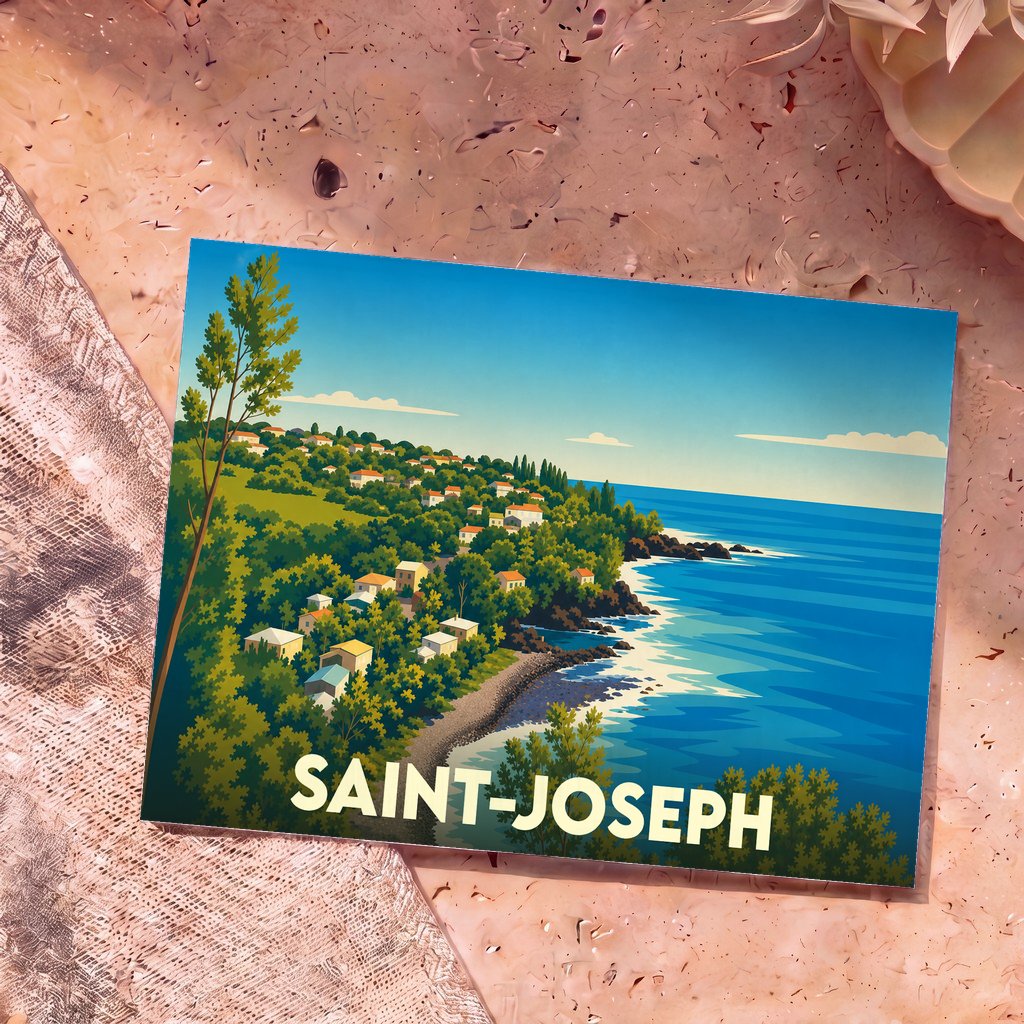 Carte postale souvenir de la ville de Saint-Joseph avec une illustration stylisée de son littoral escarpé.
