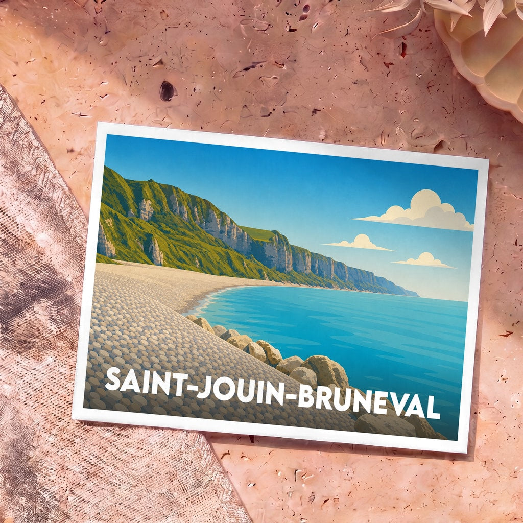 Carte postale souvenir de la ville de Saint-Jouin-Bruneval avec une illustration stylisée de sa plage de galets et de ses falaises.