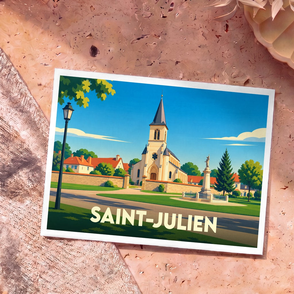 Carte postale souvenir de la ville de Saint-Julien avec une illustration stylisée de son église et d'un monument.
