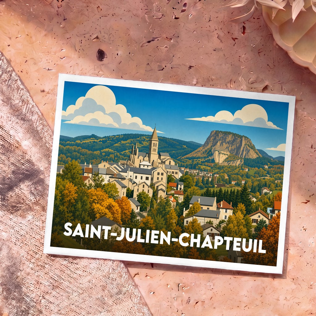Carte postale souvenir de la ville de Saint-Julien-Chapteuil avec une illustration stylisée de son paysage vallonné.