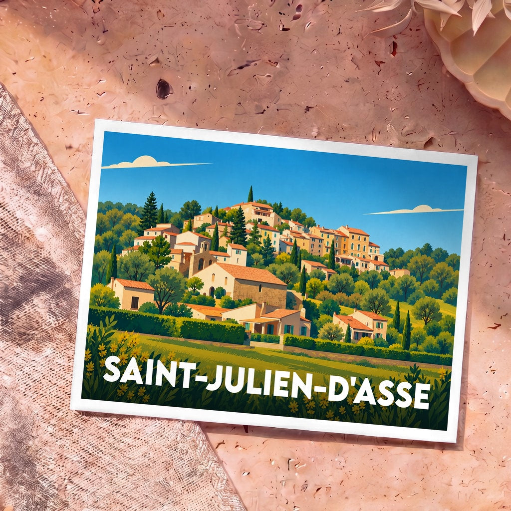 Carte postale souvenir de la ville de Saint-Julien-d'Asse avec une illustration stylisée de son village perché.
