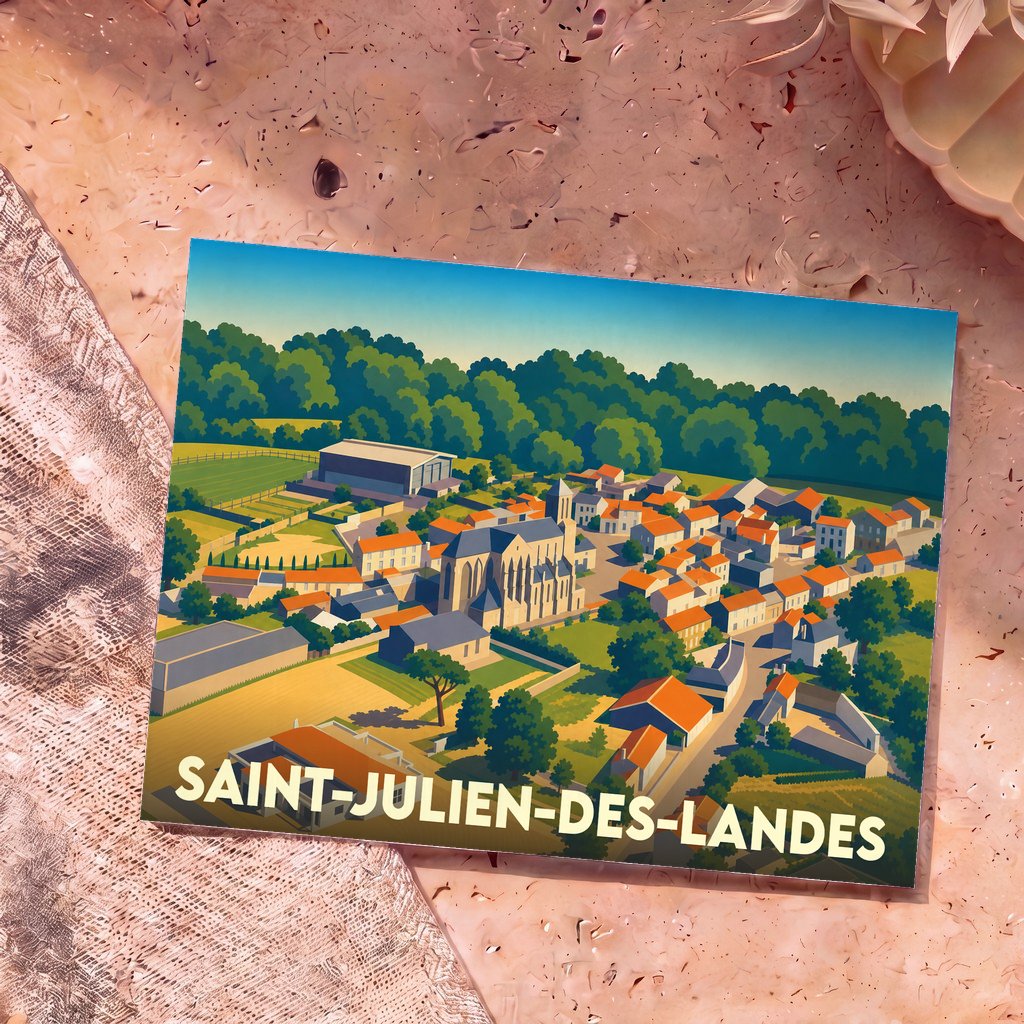 Carte postale souvenir de la ville de Saint-Julien-des-Landes avec une illustration stylisée du village vu du ciel.