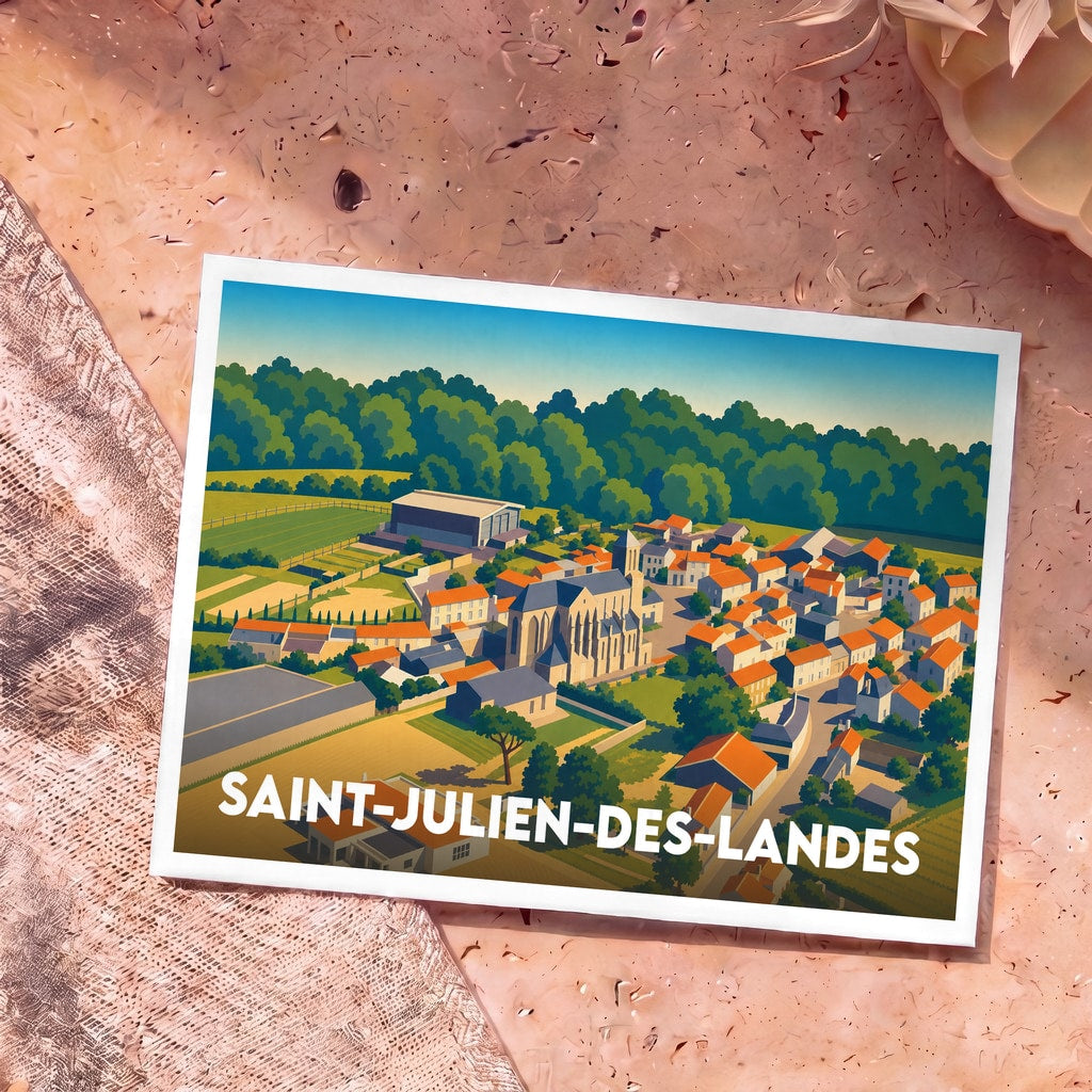 Carte postale souvenir de la ville de Saint-Julien-des-Landes avec une illustration stylisée du village vu du ciel.
