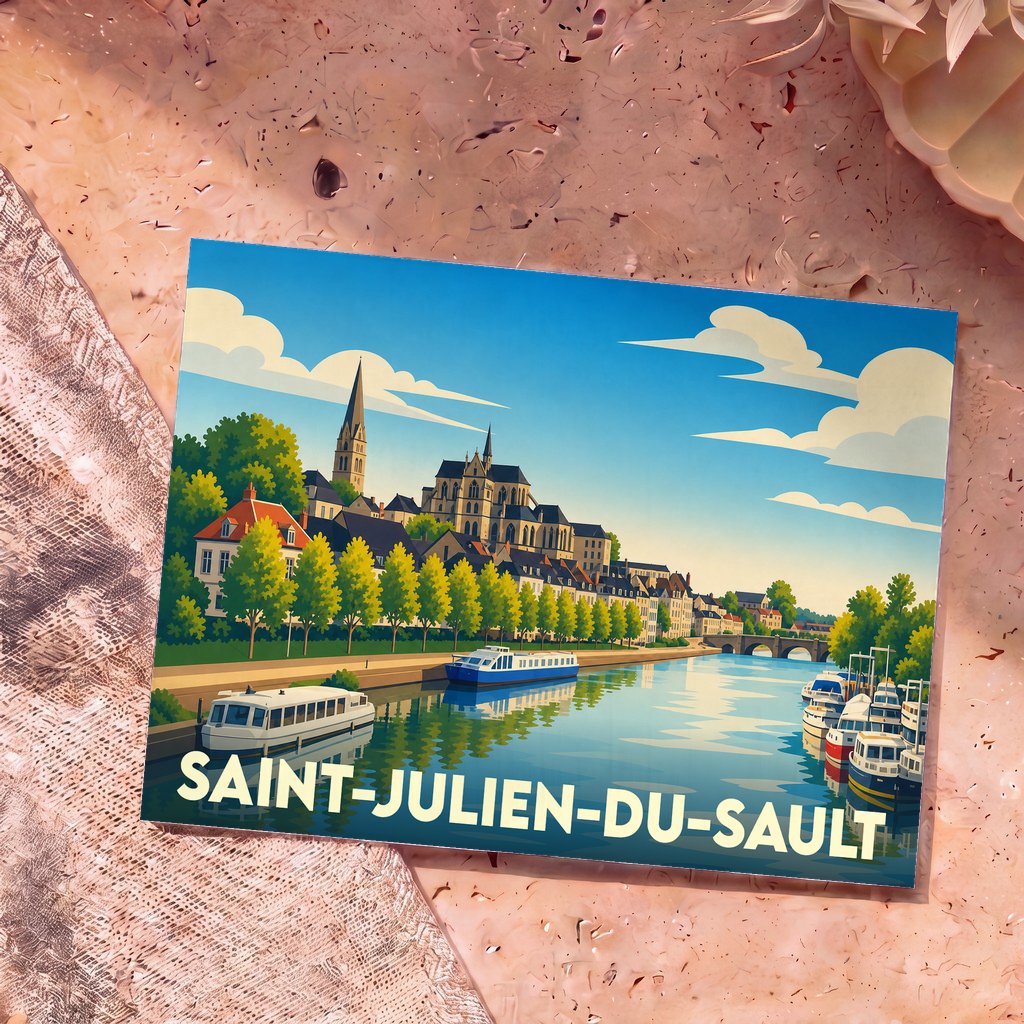 Carte postale souvenir de la ville de Saint-Julien-du-Sault avec une illustration stylisée des bords de l'Yonne.