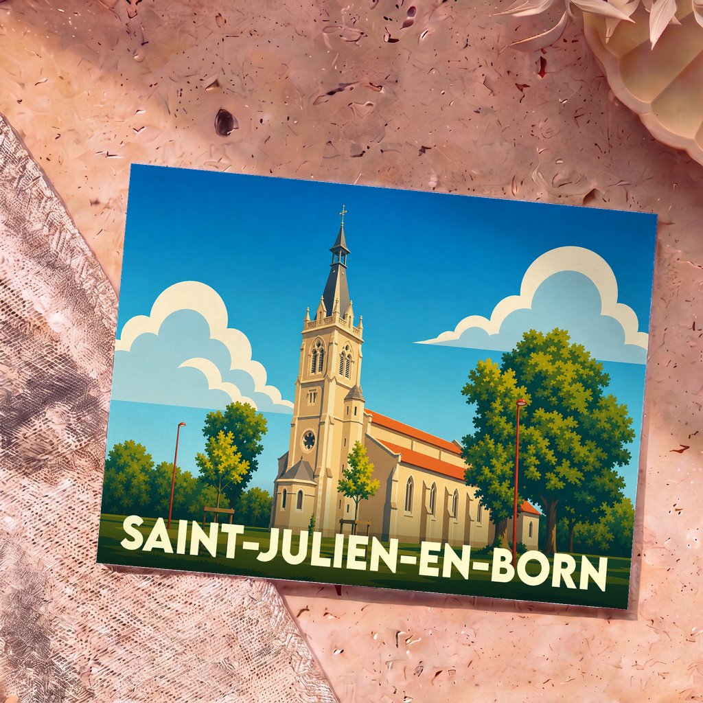 Carte postale souvenir de la ville de Saint-Julien-en-Born avec une illustration stylisée de son église sous un ciel bleu.