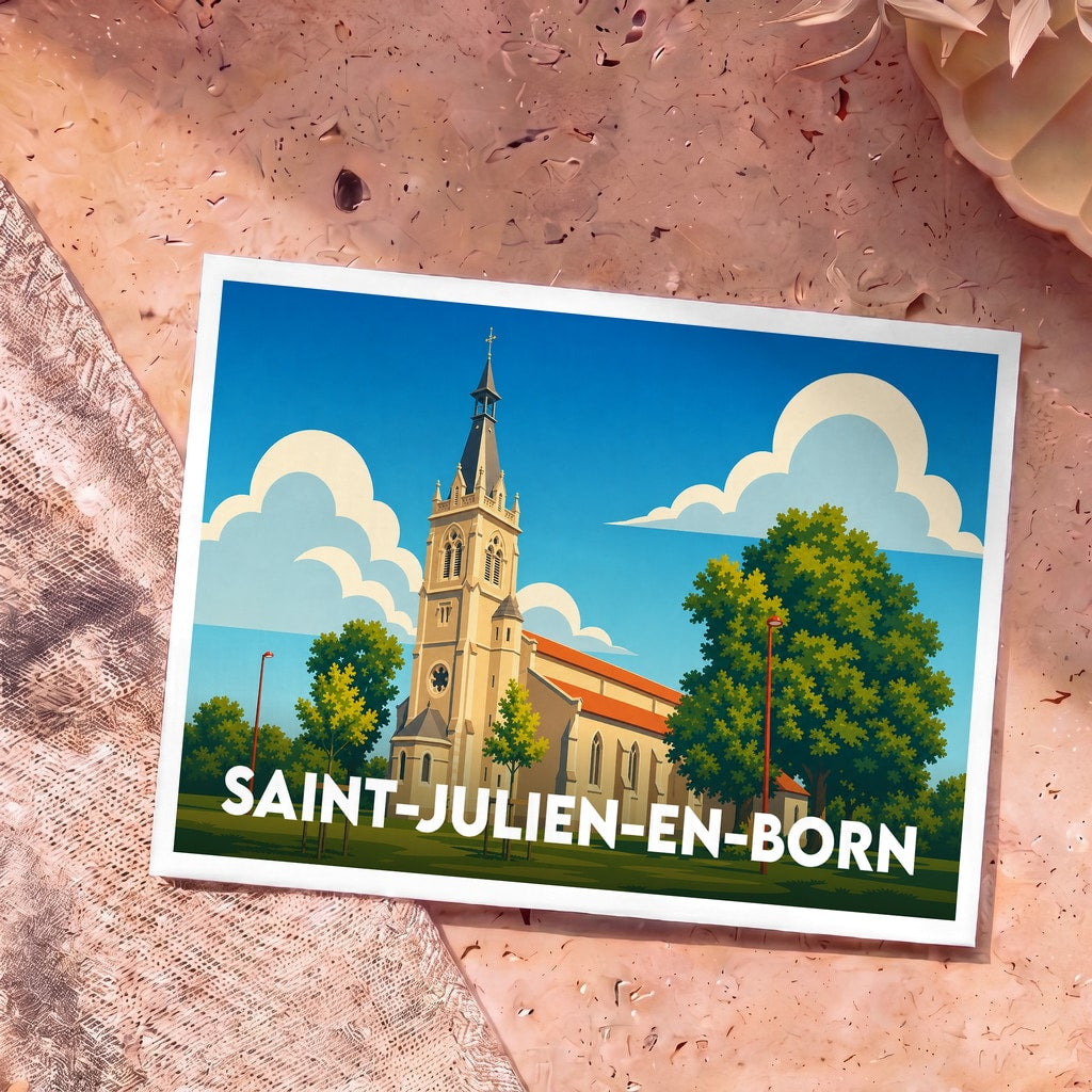 Carte postale souvenir de la ville de Saint-Julien-en-Born avec une illustration stylisée de son église sous un ciel bleu.