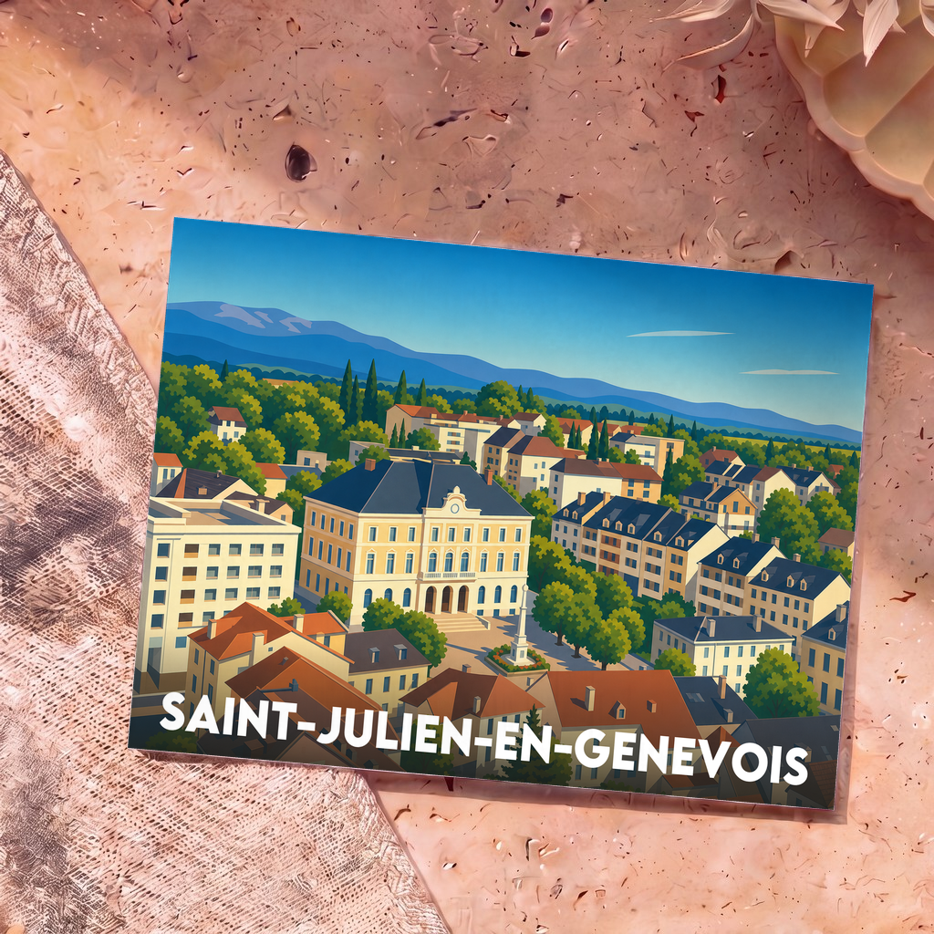 Carte postale souvenir de la ville de Saint-Julien-en-Genevois avec une illustration stylisée de son centre-ville et des montagnes.