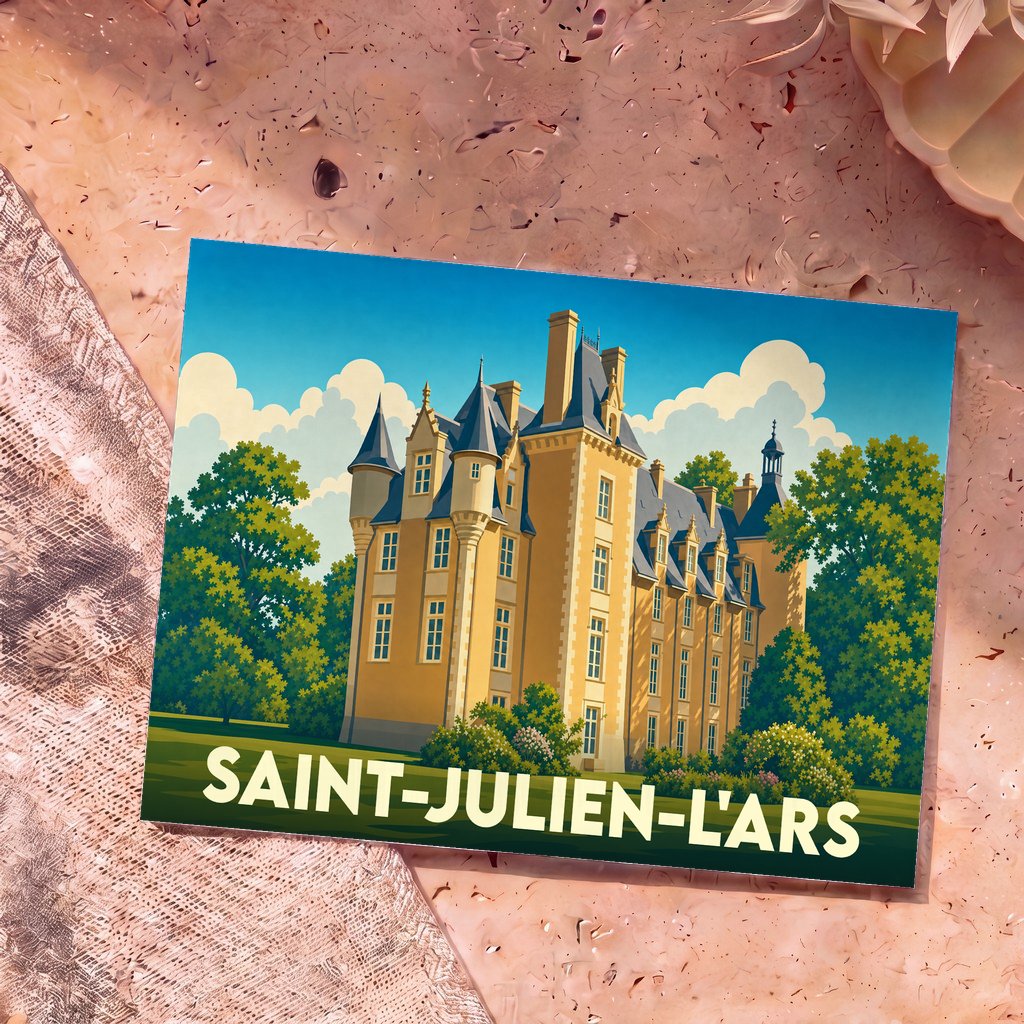Carte postale souvenir de la ville de Saint-Julien-l'Ars illustrant son château dans un style graphique coloré.