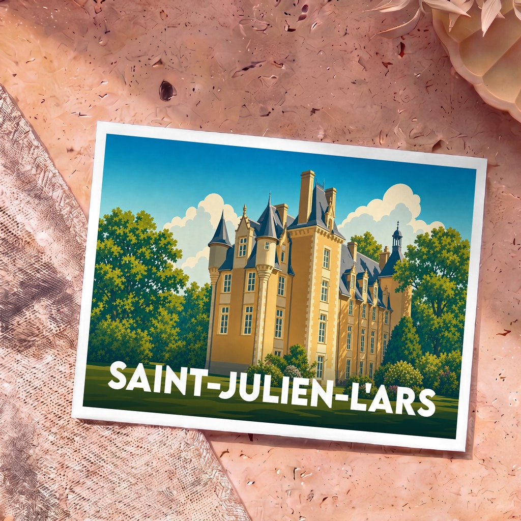 Carte postale souvenir de la ville de Saint-Julien-l'Ars illustrant son château dans un style graphique coloré.