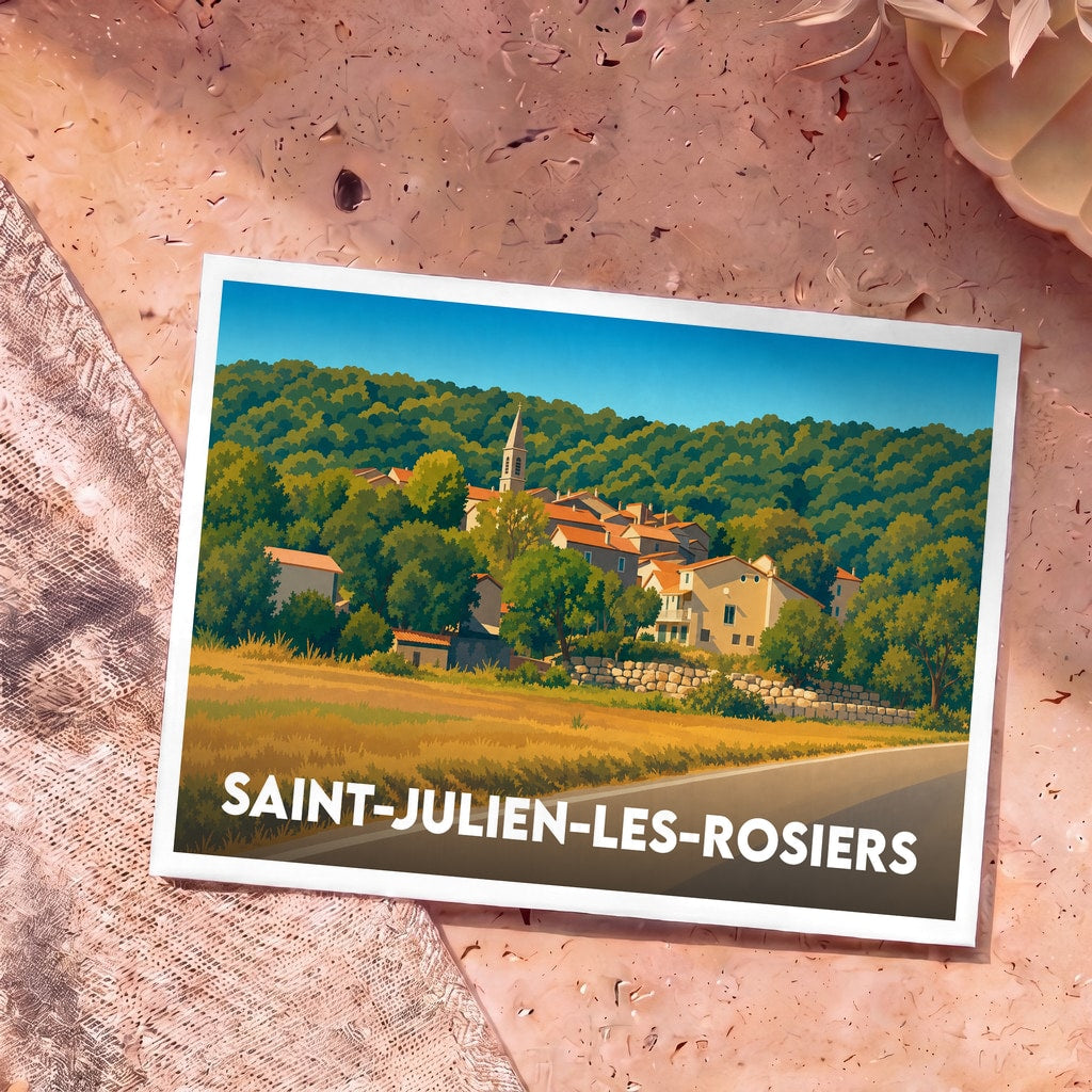 Carte postale souvenir de la ville de Saint-Julien-les-Rosiers avec une illustration stylisée d'un village provençal.