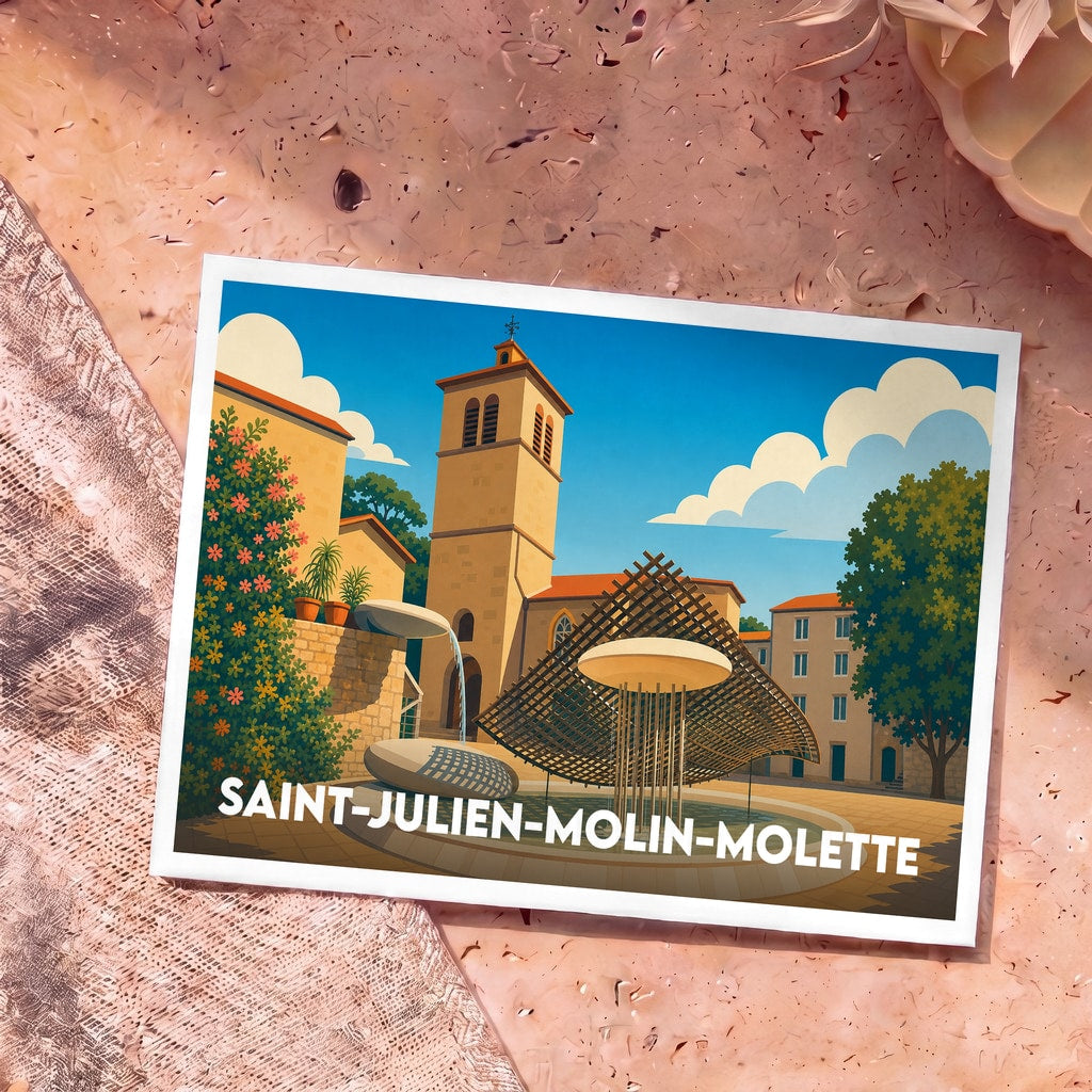 Carte postale souvenir de la ville de Saint-Julien-Molin-Molette avec une illustration stylisée de sa place centrale.