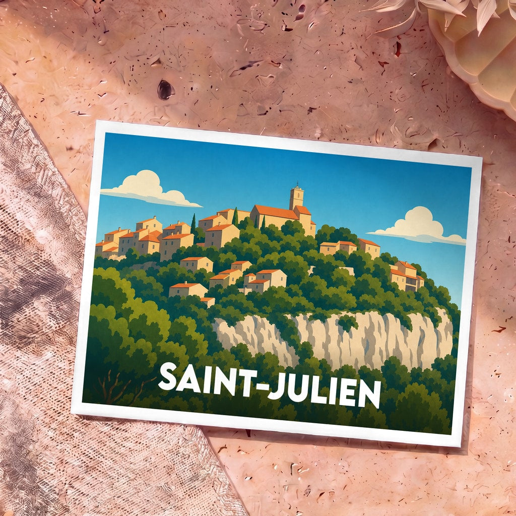 Carte postale souvenir de la ville de Saint-Julien avec une illustration stylisée d'un village perché sur une falaise.