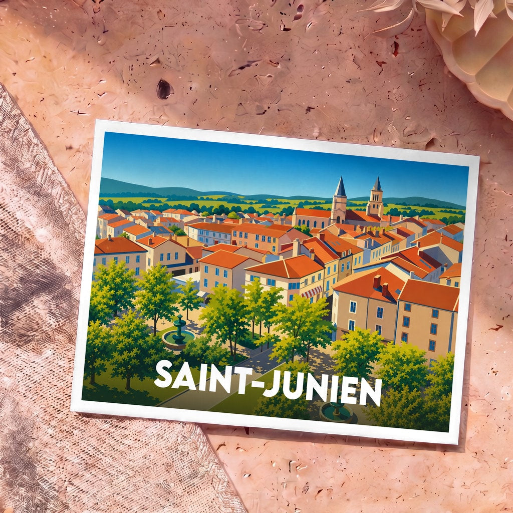 Carte postale souvenir de la ville de Saint-Junien avec une illustration colorée et stylisée de ses toits et de son église.
