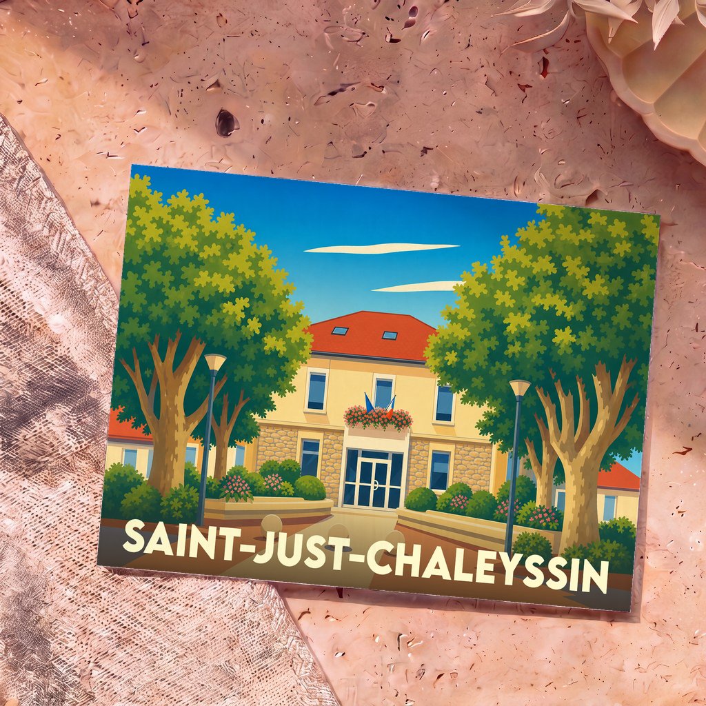 Carte postale souvenir de Saint-Just-Chaleyssin illustrant la mairie dans un style graphique et coloré.
