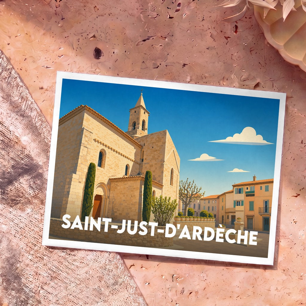 Carte postale souvenir de la ville de Saint-Just-d'Ardèche avec une illustration stylisée d'une église en pierre sous un ciel bleu.