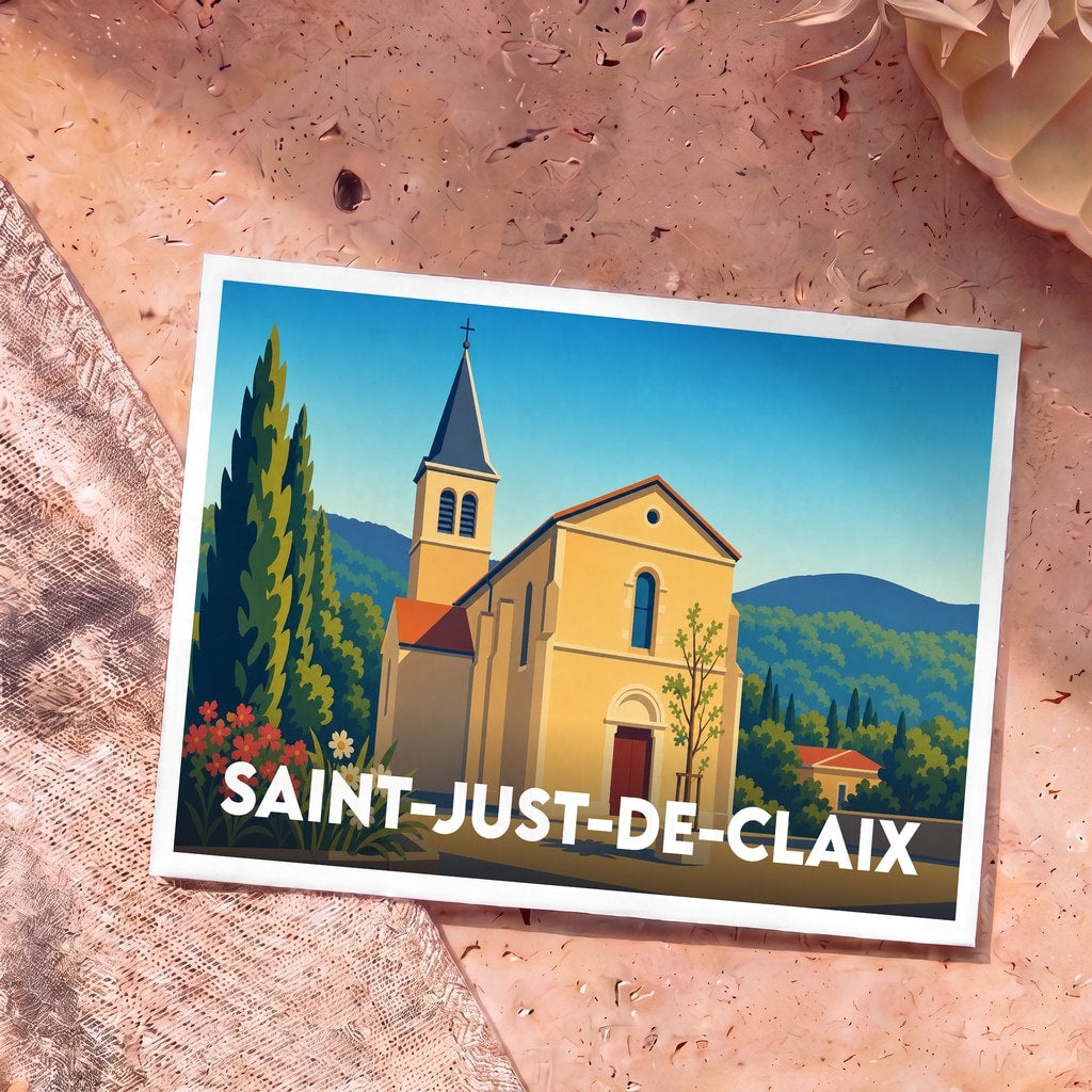 Carte postale souvenir de la ville de Saint-Just-de-Claix avec une illustration stylisée de son église sous un ciel bleu.