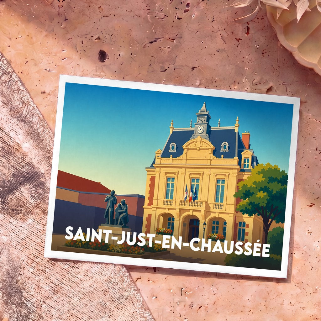 Carte postale souvenir de la ville de Saint-Just-en-Chaussée avec une illustration stylisée de son hôtel de ville.