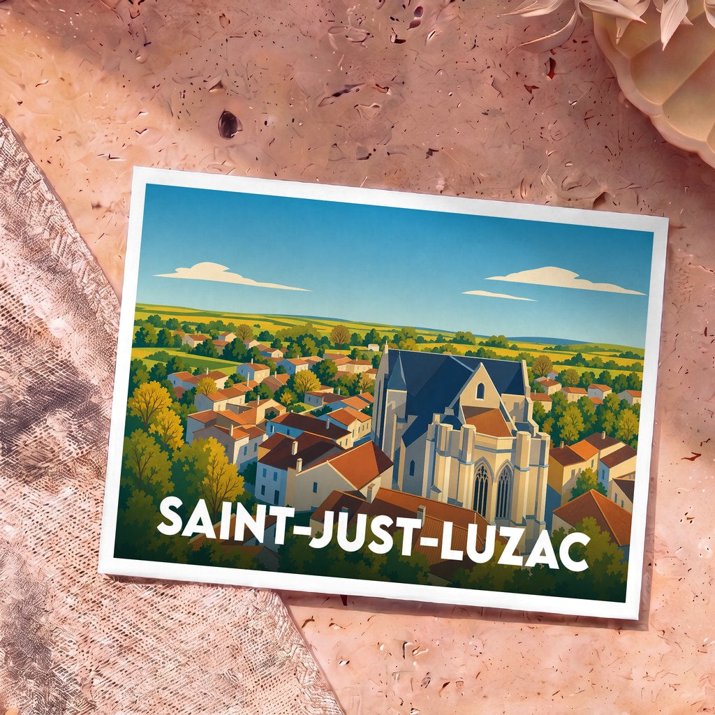 Carte postale souvenir de la ville de Saint-Just-Luzac avec une illustration stylisée du village et de son église.