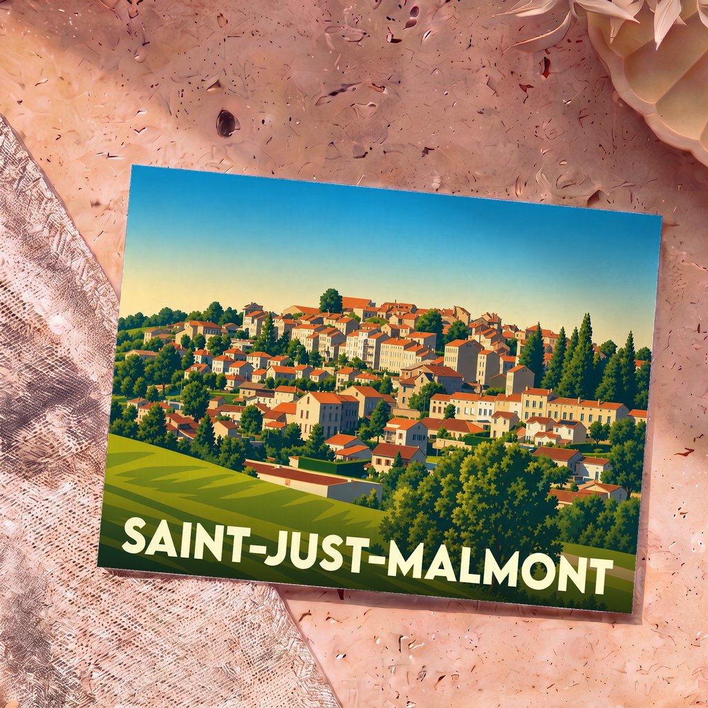Carte postale souvenir de la ville de Saint-Just-Malmont avec une illustration stylisée d'un village à flanc de colline.