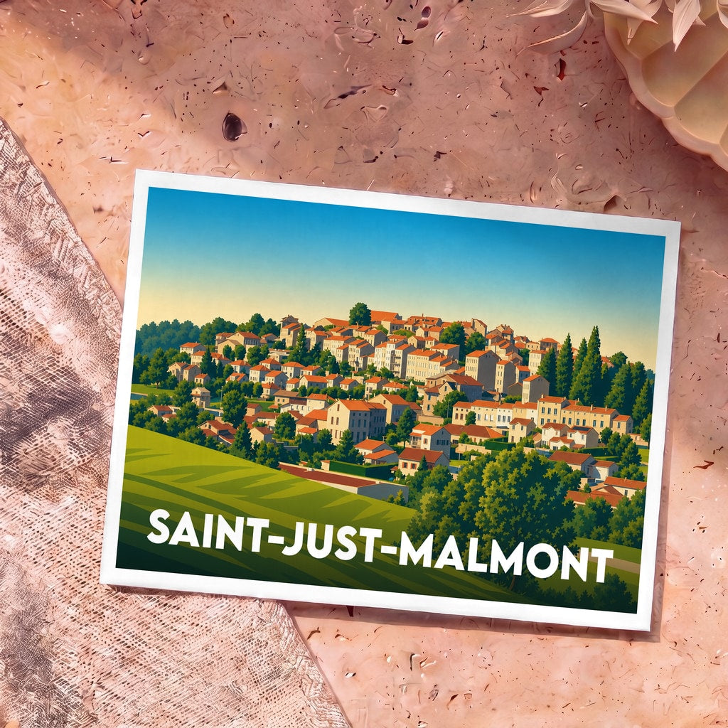 Carte postale souvenir de la ville de Saint-Just-Malmont avec une illustration stylisée d'un village à flanc de colline.