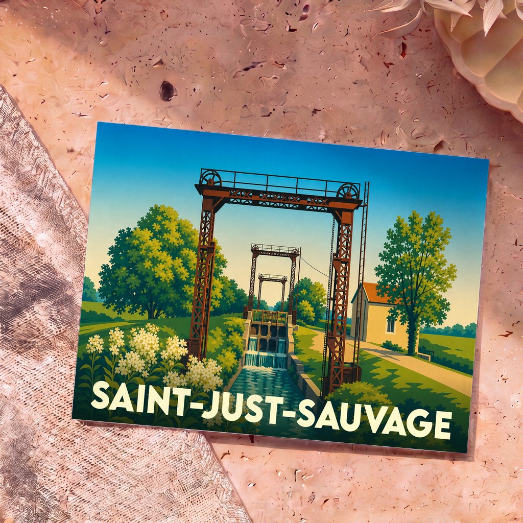 Carte postale souvenir de Saint-Just-Sauvage illustrant une écluse sur un canal dans un style rétro.