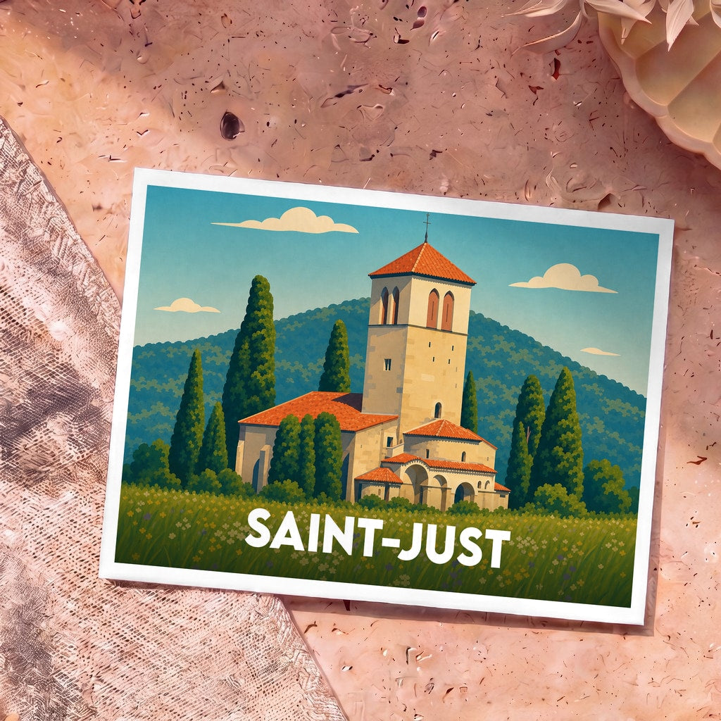 Carte postale souvenir de la ville de Saint-Just représentant une église romane dans un paysage vallonné au style illustré.