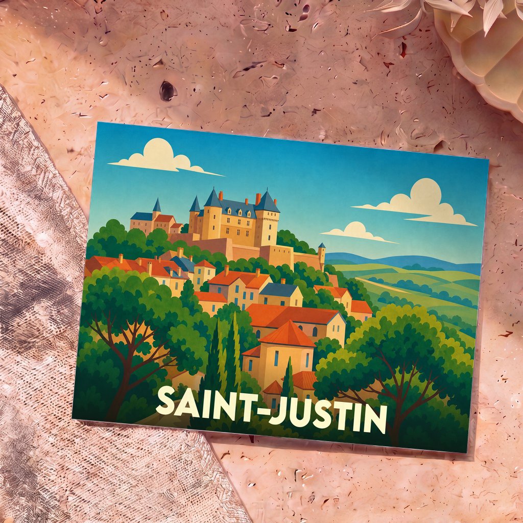 Carte postale souvenir de la ville de Saint-Justin avec une illustration stylisée d'un village médiéval et de son château.