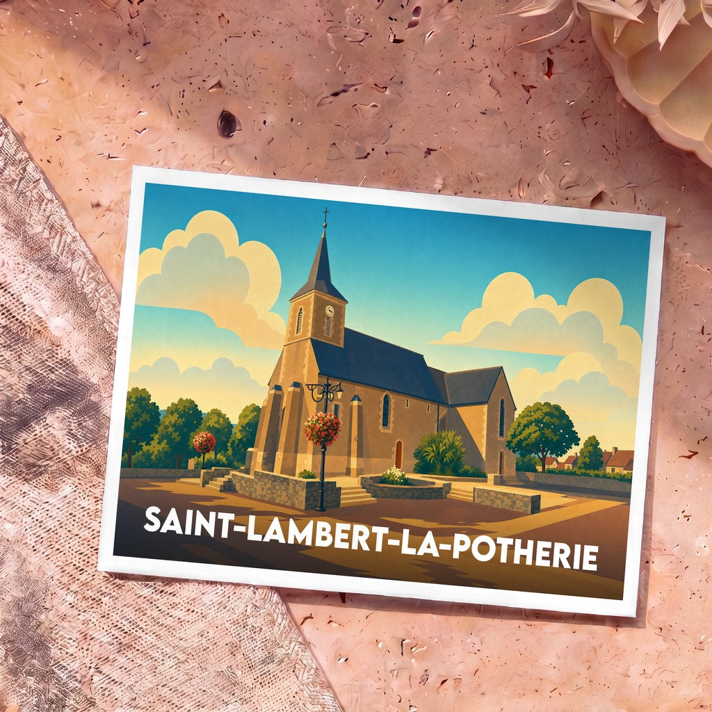 Carte postale souvenir de Saint-Lambert-la-Potherie illustrant son église dans un style graphique épuré.