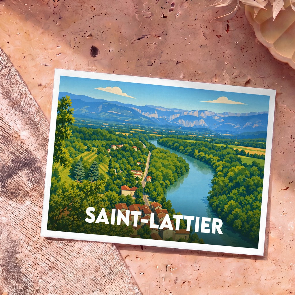 Carte postale souvenir de Saint-Lattier avec une illustration stylisée de la rivière Isère et des montagnes environnantes.