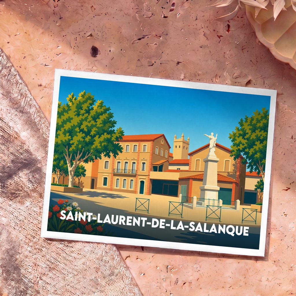 Carte postale souvenir de Saint-Laurent-de-la-Salanque illustrant sa place principale dans un style graphique épuré.