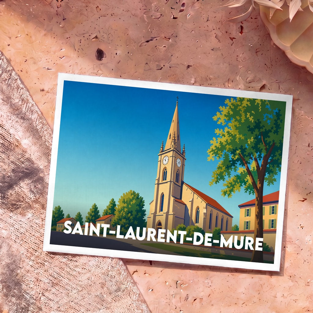 Carte postale souvenir de la ville de Saint-Laurent-de-Mure avec une illustration stylisée de son église.