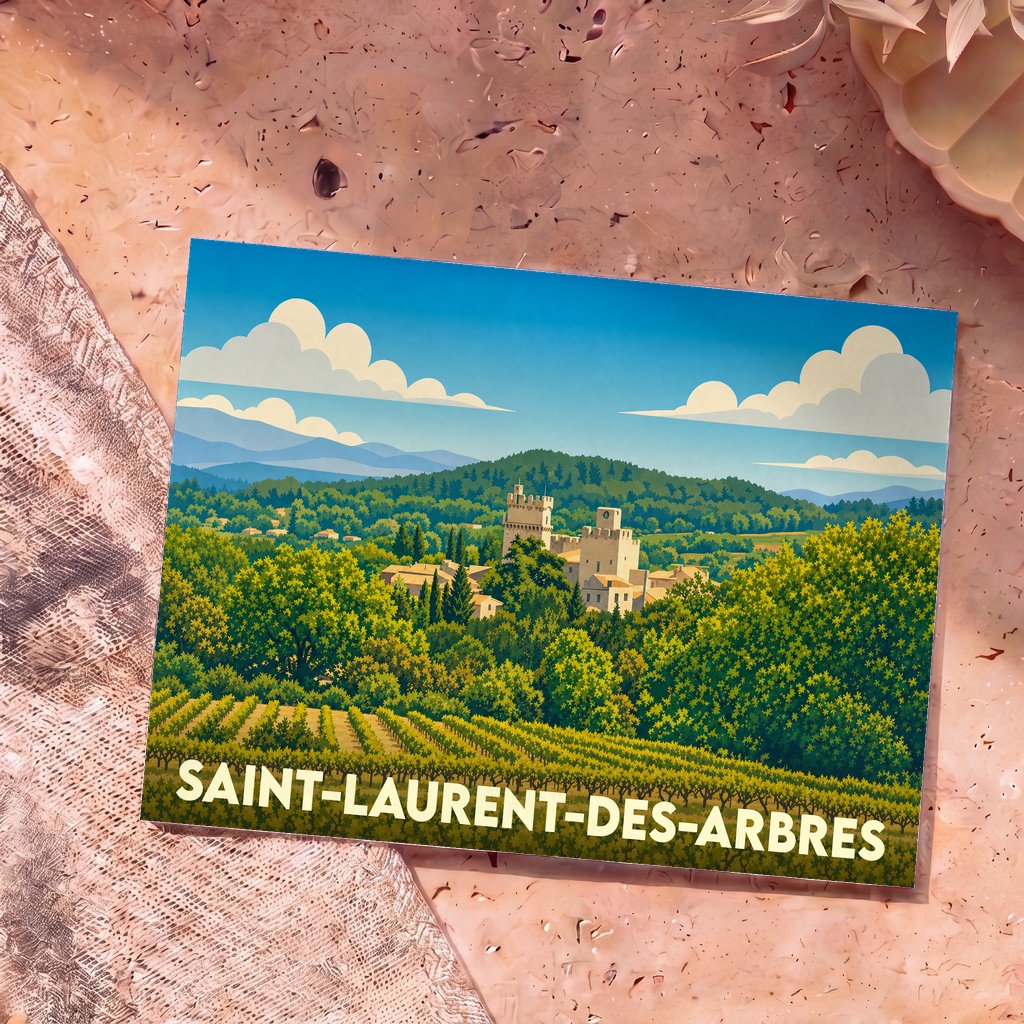 Carte postale souvenir de la ville de Saint-Laurent-des-Arbres avec une illustration stylisée d'un château entouré de vignes.