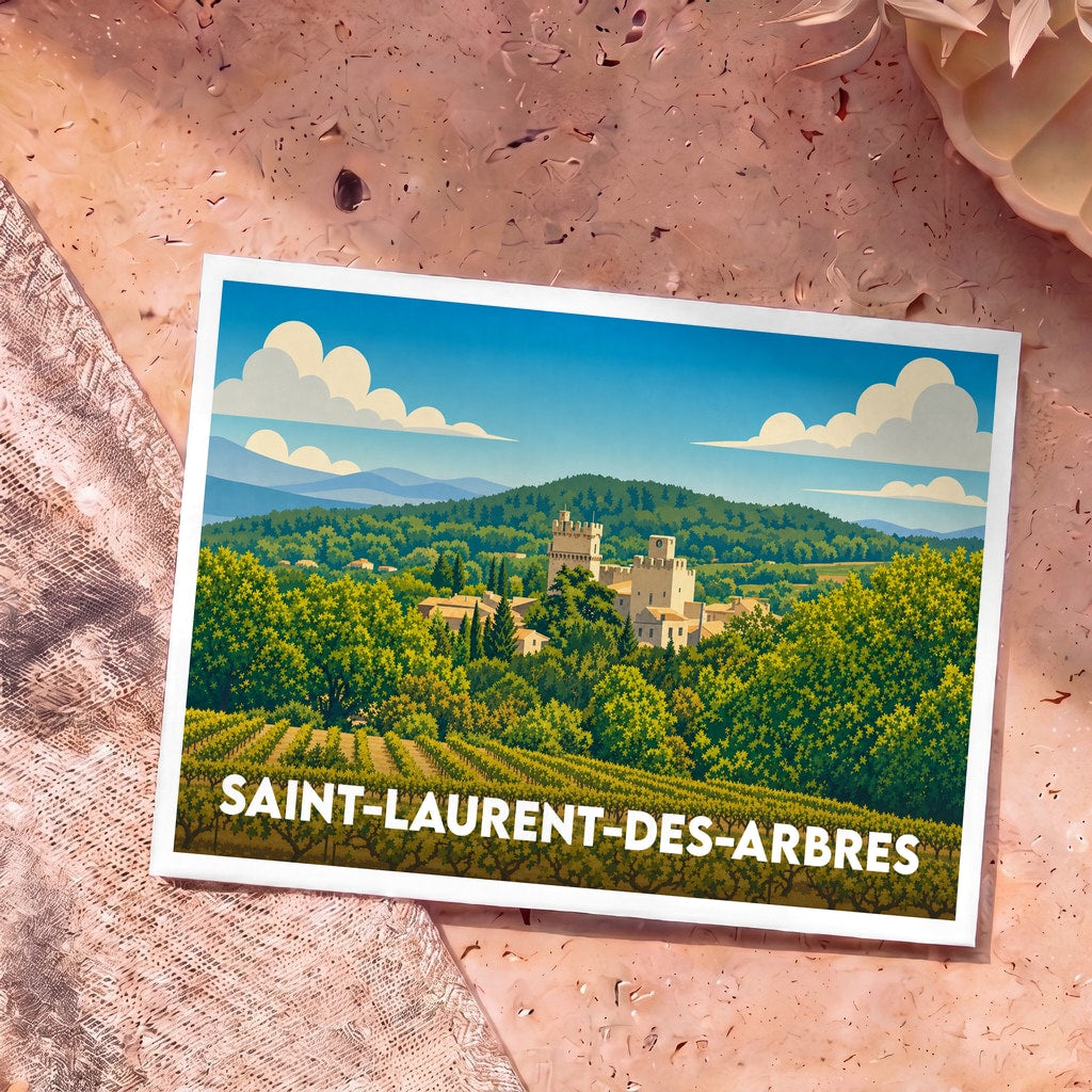 Carte postale souvenir de la ville de Saint-Laurent-des-Arbres avec une illustration stylisée d'un château entouré de vignes.