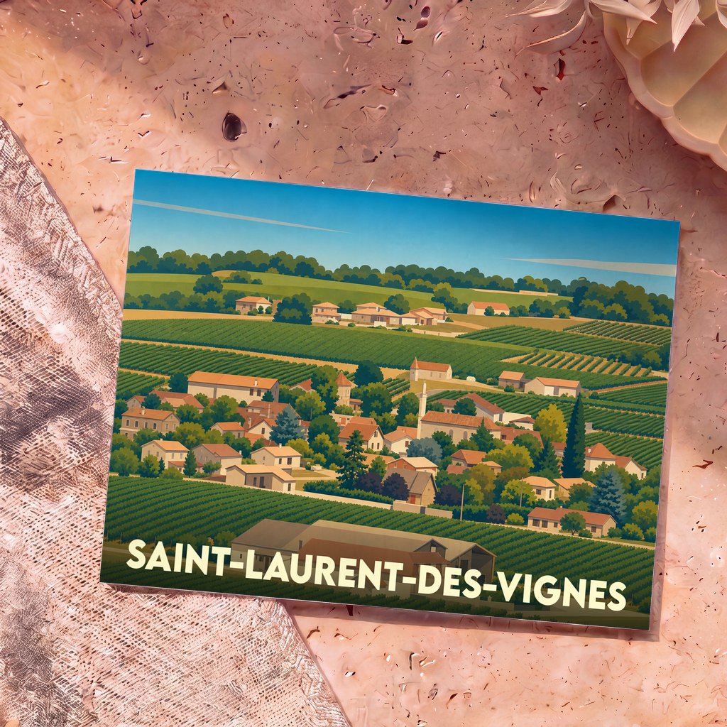 Carte postale souvenir de Saint-Laurent-des-Vignes illustrant un village entouré de vignobles dans un style graphique épuré.
