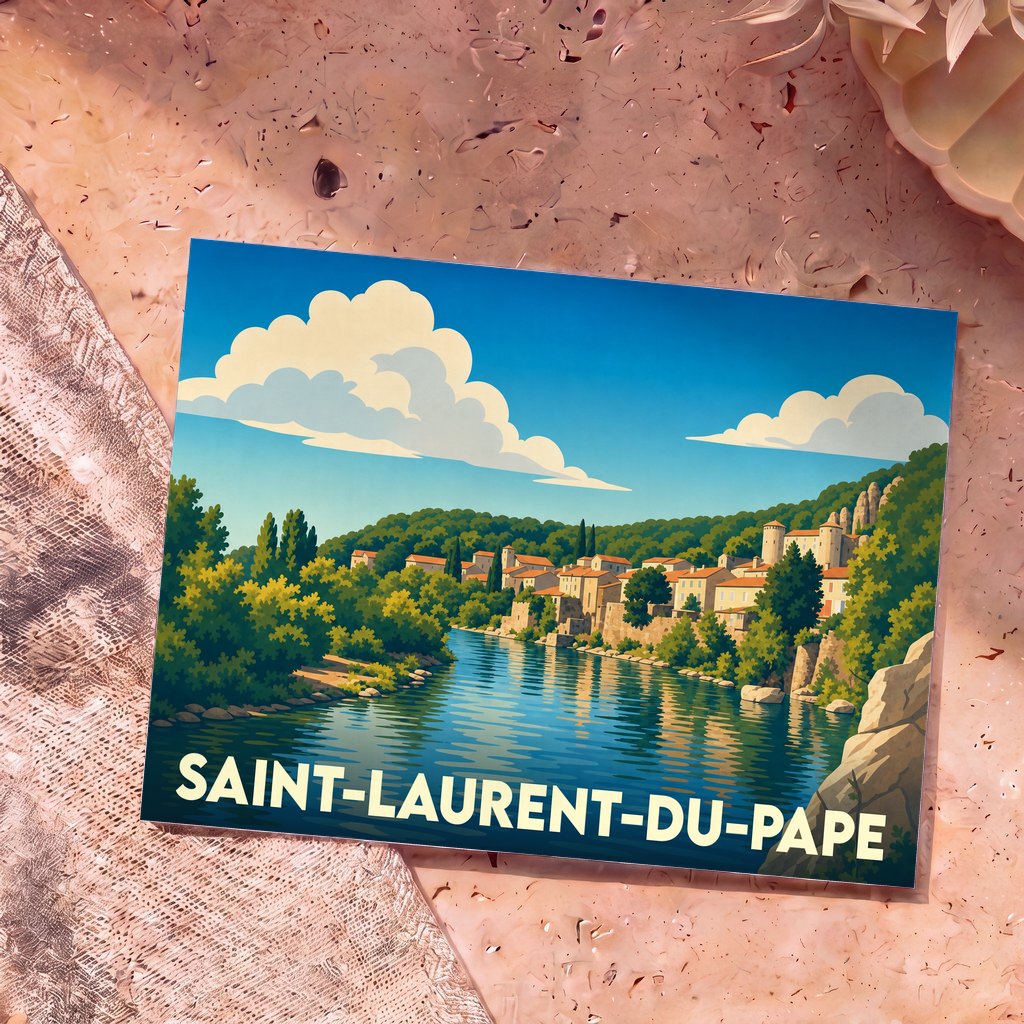 Carte postale souvenir de la ville de Saint-Laurent-du-Pape avec une illustration stylisée d'un village en bord de rivière.