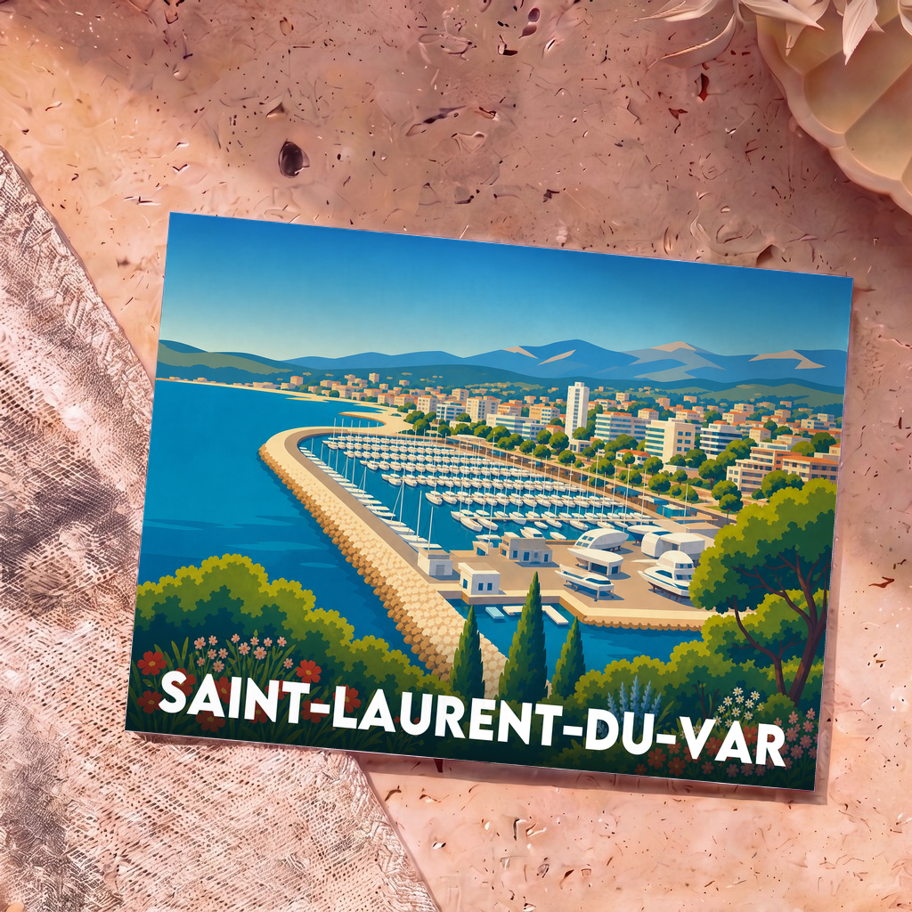 Carte postale souvenir de Saint-Laurent-du-Var avec une illustration stylisée du port de plaisance.