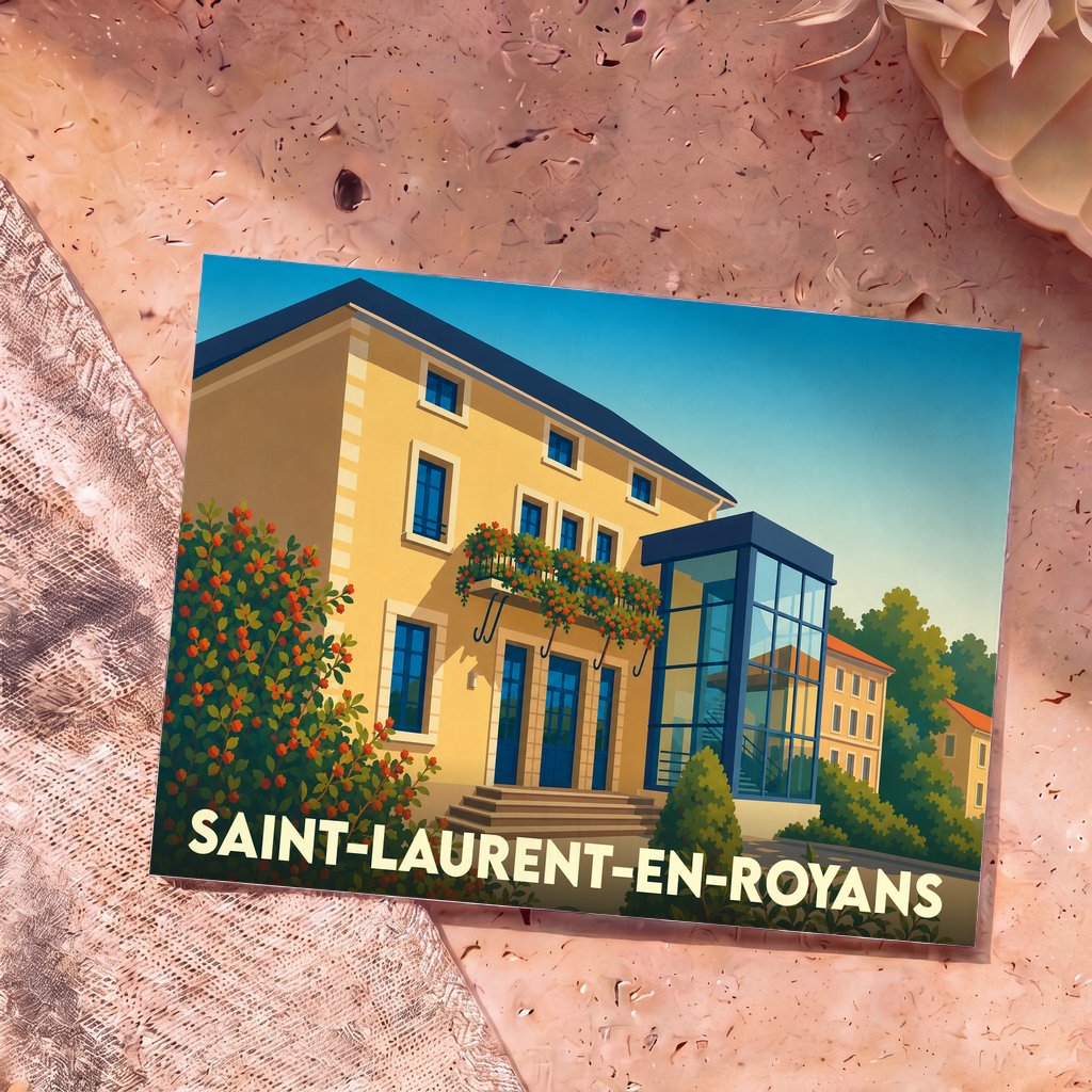Carte postale souvenir de la ville de Saint-Laurent-en-Royans avec une illustration stylisée de sa mairie.