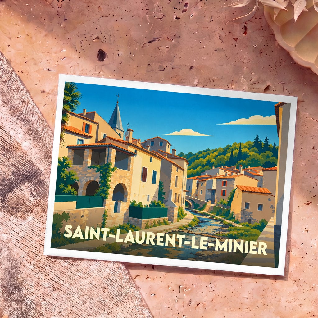 Carte postale souvenir de Saint-Laurent-le-Minier illustrant le village bordé par une rivière dans un style graphique épuré.