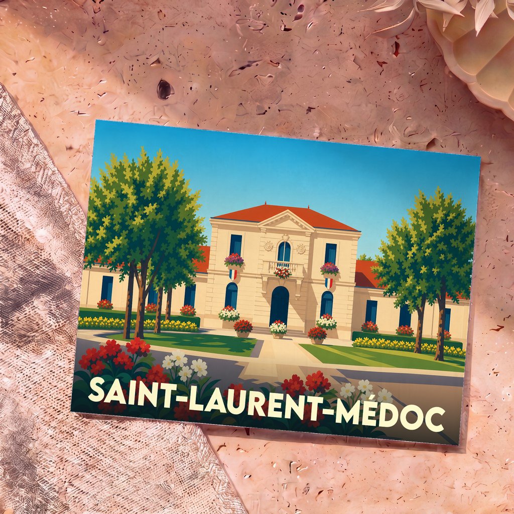 Carte postale souvenir de la ville de Saint-Laurent-Médoc avec une illustration stylisée de sa mairie.