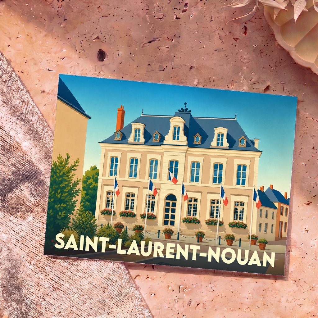 Carte postale souvenir de la ville de Saint-Laurent-Nouan avec une illustration stylisée de la mairie.