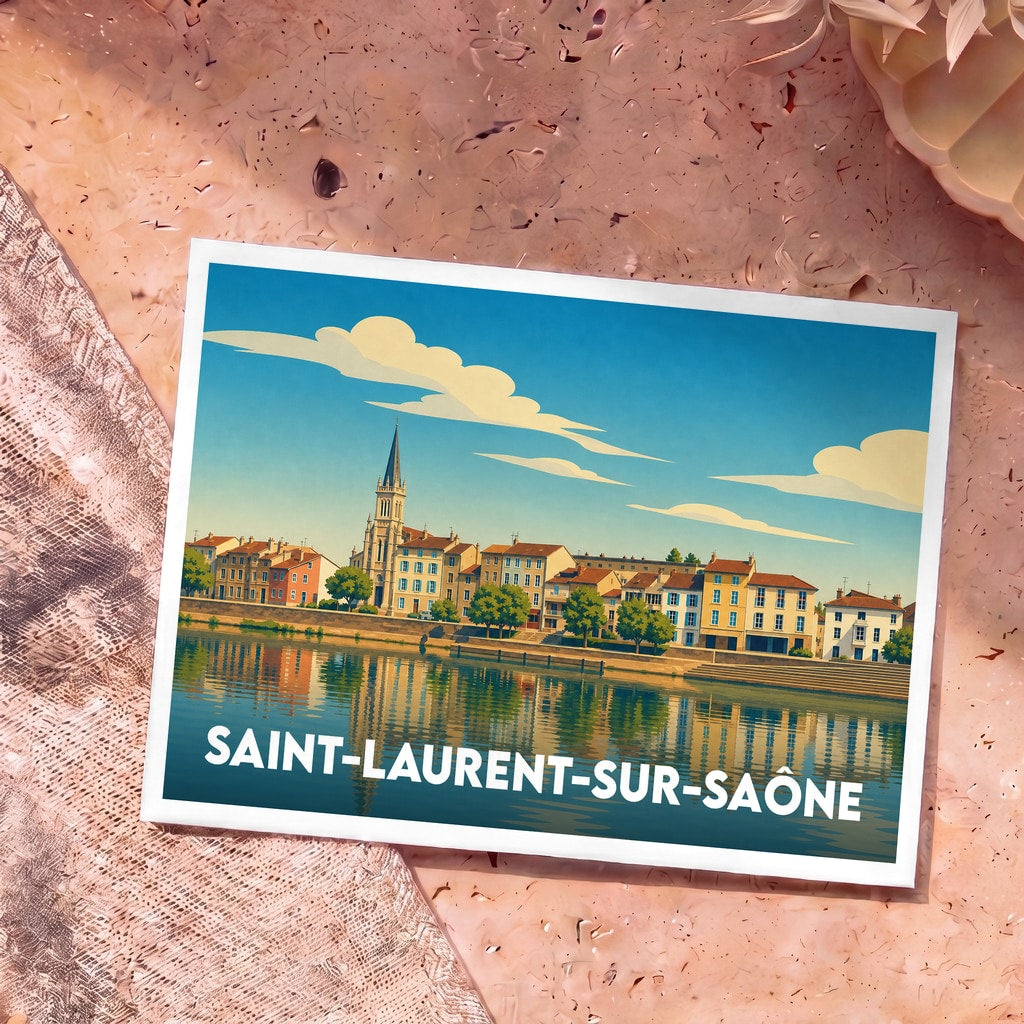 Carte postale souvenir de la ville de Saint-Laurent-sur-Saône illustrant les quais de Saône dans un style graphique épuré.