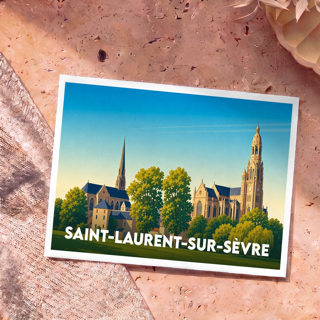 Carte postale souvenir de la ville de Saint-Laurent-sur-Sèvre avec une illustration stylisée de son architecture emblématique.